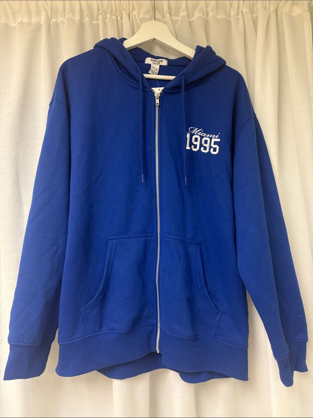 refuge Royal Blue Zip-Up Hoodie Jacket with 'Miami 1995' Embroidery